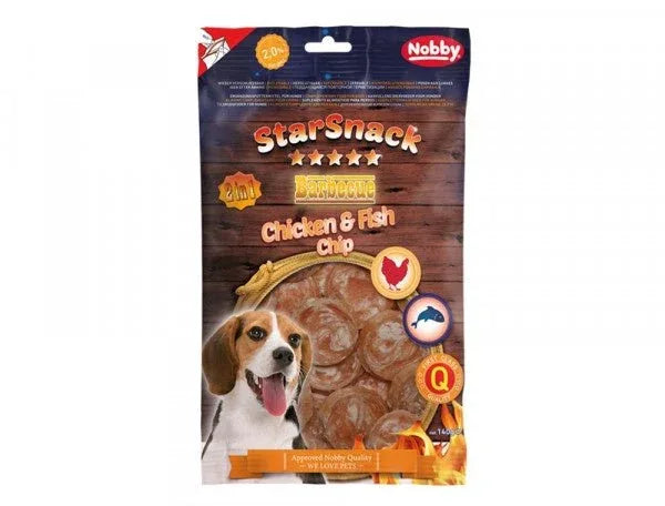 50744 NOBBY StarSnack Barbecue Chicken & Fish Chip 140g, ? 35 mm - Paw & Joy