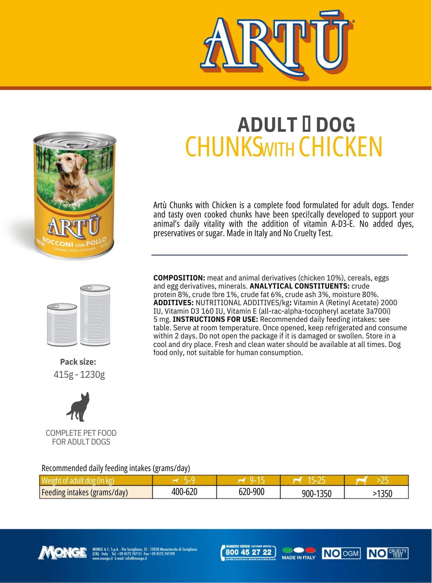 ARTU Chunks Chicken Dog Wet Food 1230g