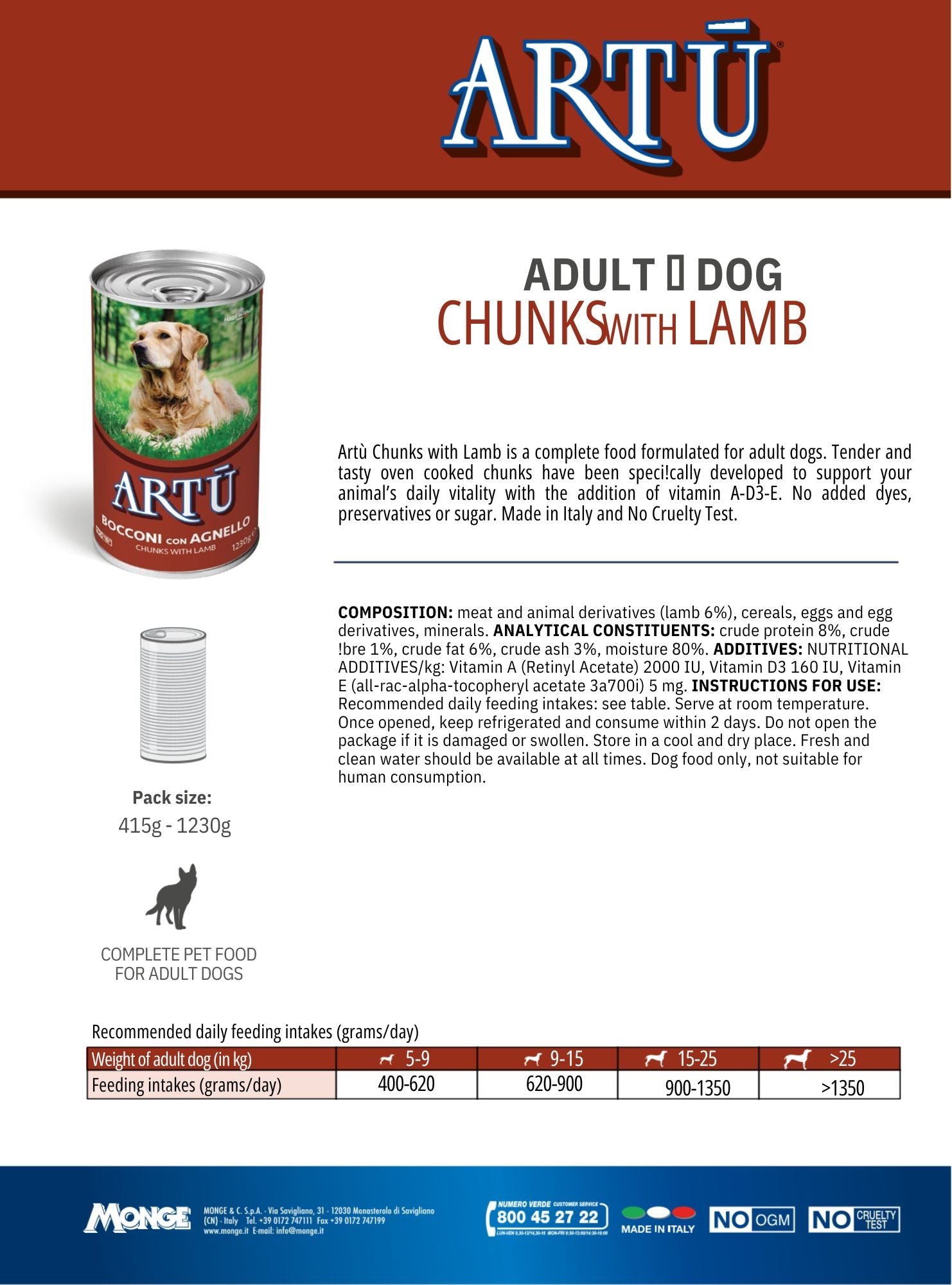 ARTU Chunks Lamb Dog Wet Food 1230g