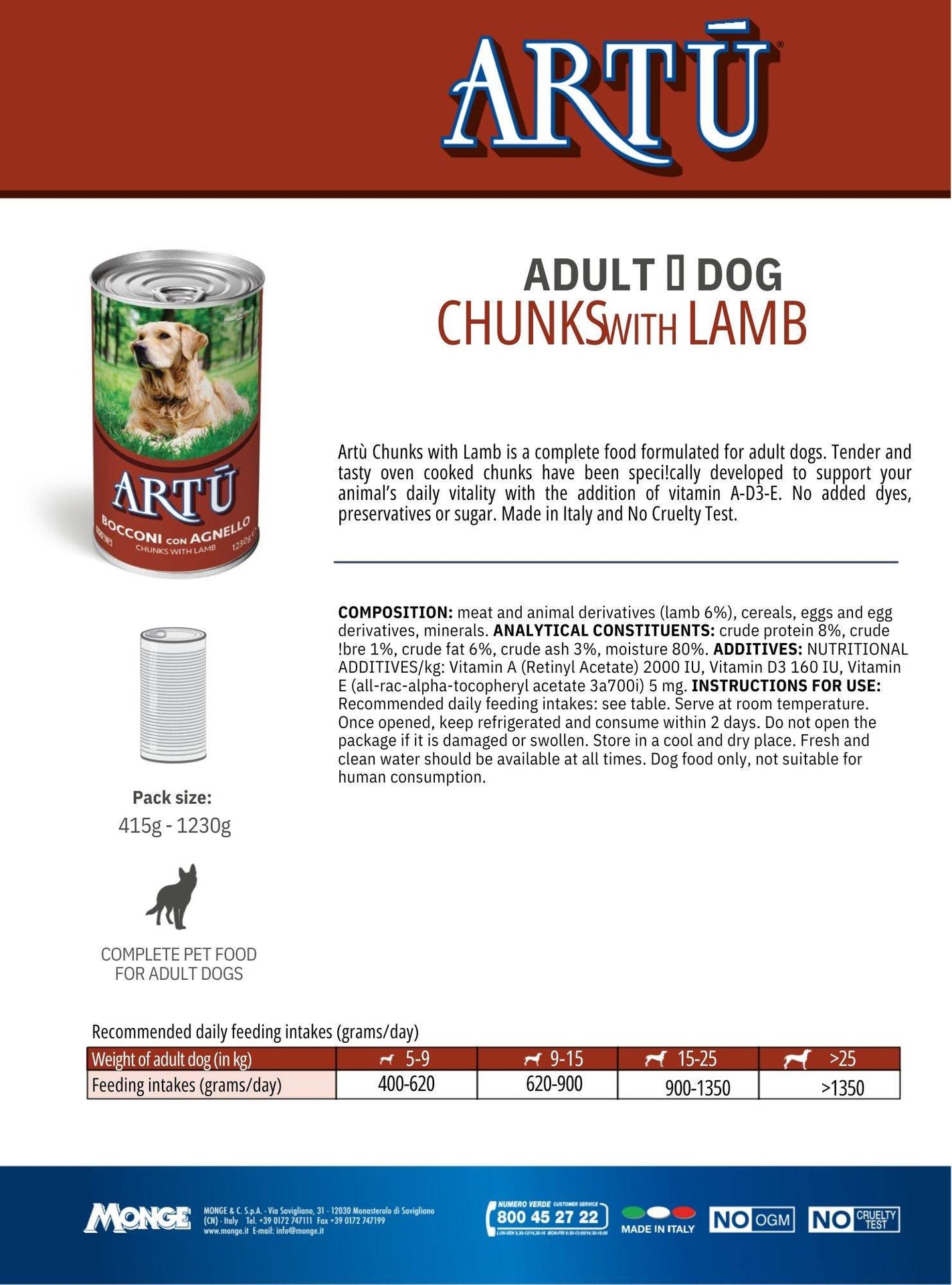 ARTU Chunks Lamb Dog Wet Food 1230g