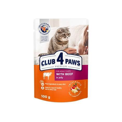 Paw & Joy Biggest Pet Supplies brand in Egypt | Club 4 Paws Cat Wet Food Beef Jelly Pouch 100g