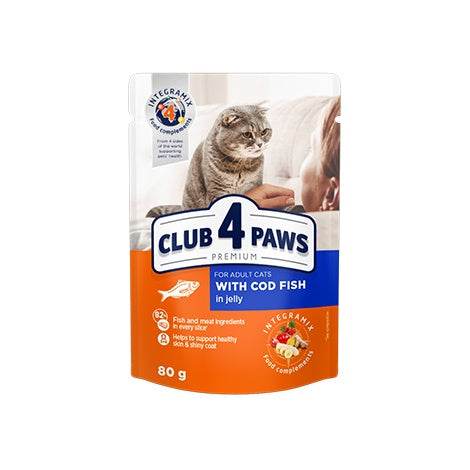Paw & Joy Biggest Pet Supplies brand in Egypt | Club 4 Paws Cat Wet Food Cod Fish Jelly Pouch 80g