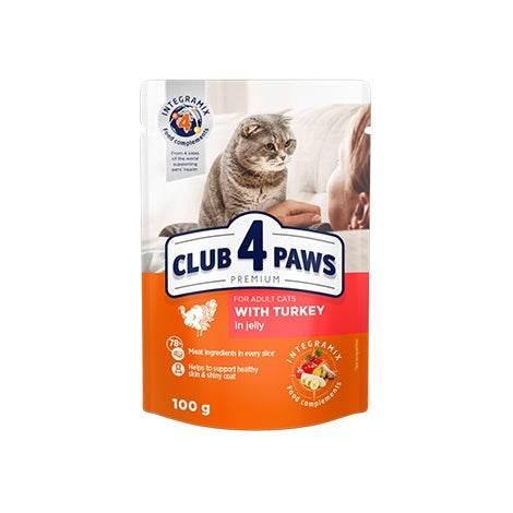 Paw & Joy Biggest Pet Supplies brand in Egypt | Club 4 Paws Cat Wet Food Turkey Jelly Pouch 100g