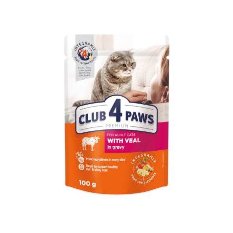 Paw & Joy Biggest Pet Supplies brand in Egypt | Club 4 Paws Cat Wet Food Veal Gravy Pouch 100g
