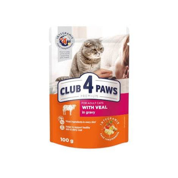 Paw & Joy Biggest Pet Supplies brand in Egypt | Club 4 Paws Cat Wet Food Veal Gravy Pouch 100g