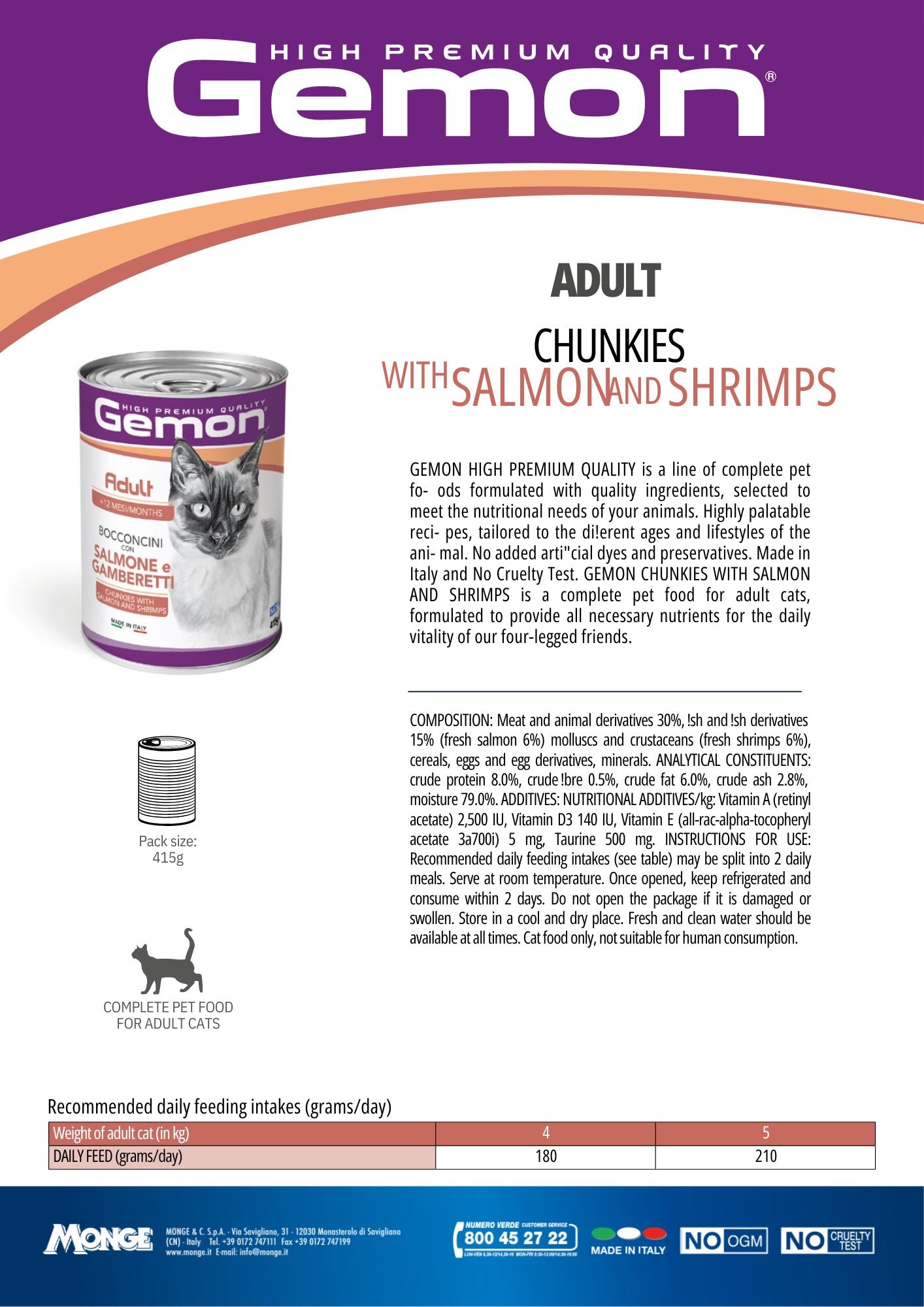 GEMON High Premium Chunks Salmon&Shrimps Cat Wet Food 415g