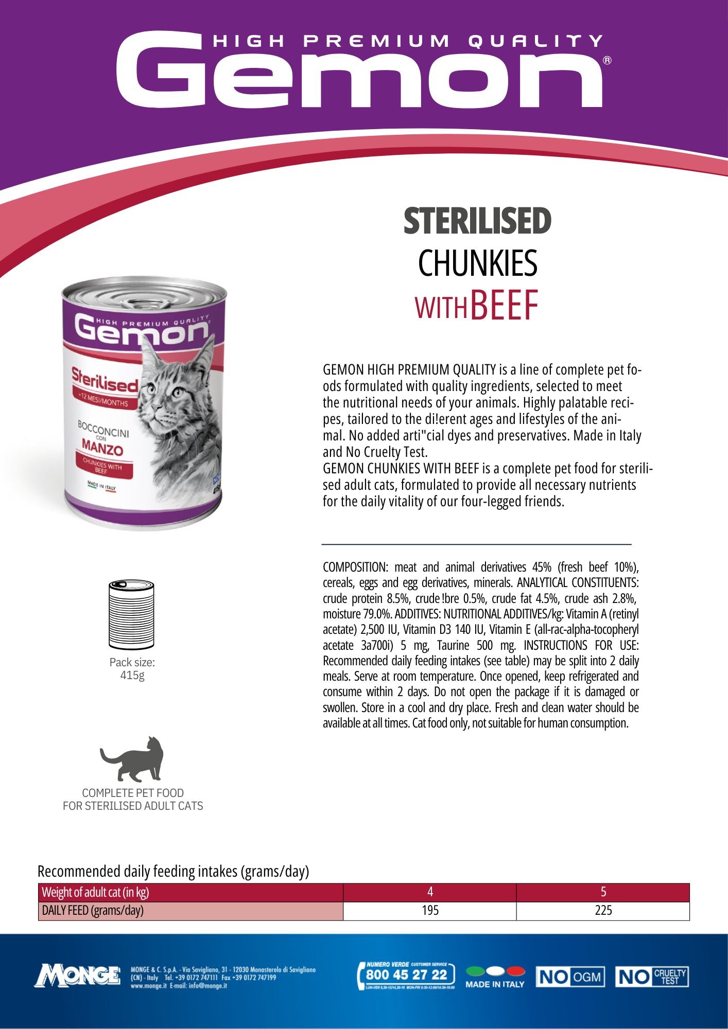 GEMON High Premium Sterilised Chunks Beef Cat Wet Food 415g