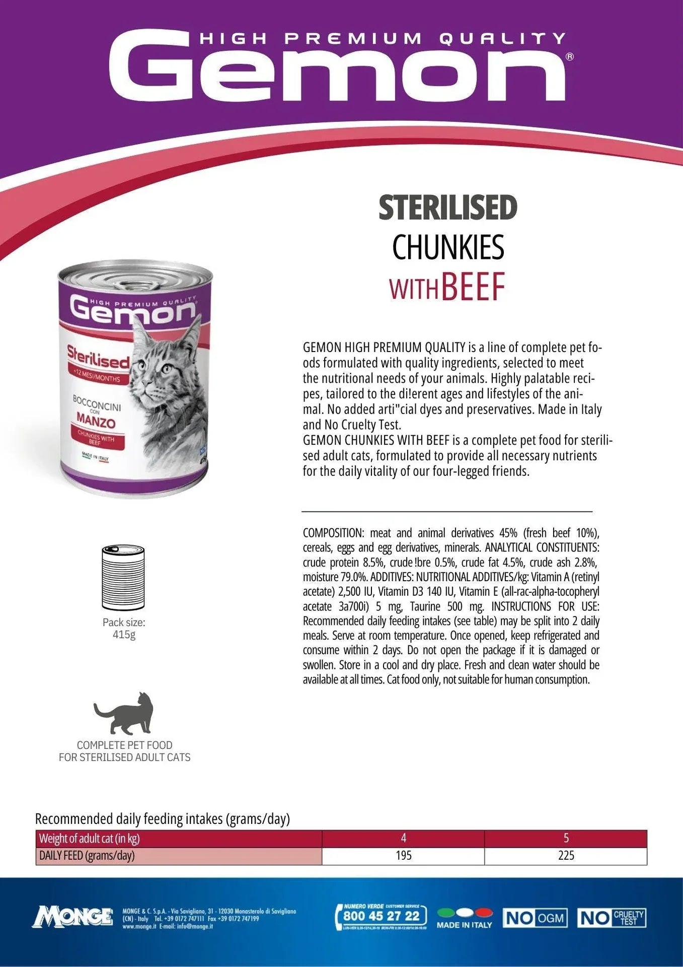 GEMON High Premium Sterilised Chunks Beef Cat Wet Food 415g - Paw & Joy
