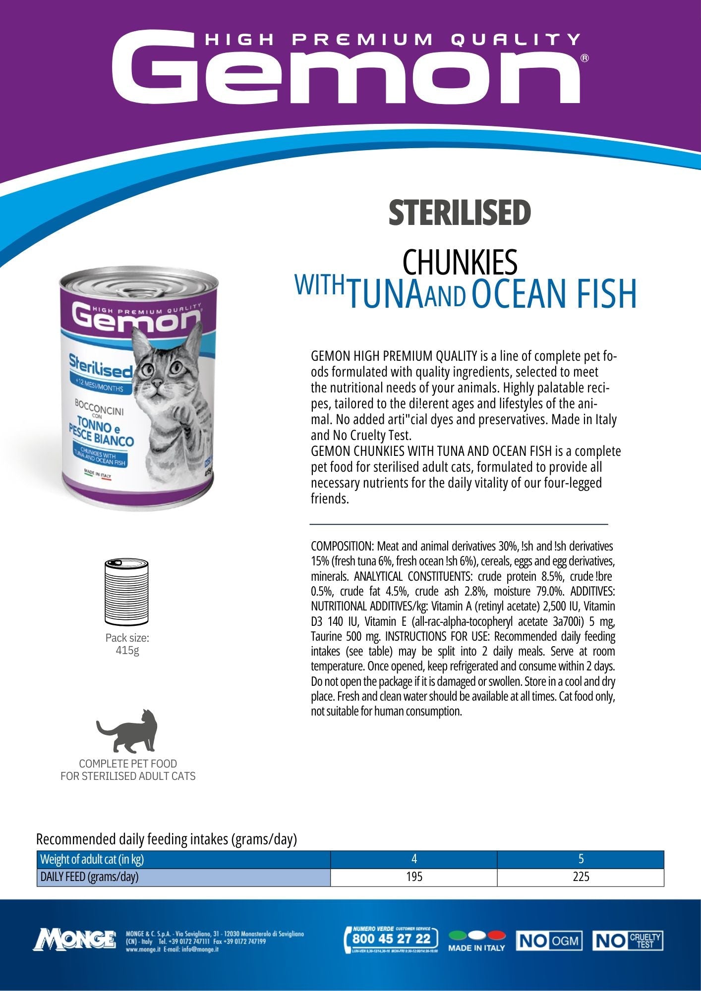 GEMON High Premium Sterilised Chunks Tuna&Ocean Fish Cat Wet Food 415g