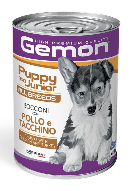 Paw & Joy Biggest Pet Supplies brand in Egypt | GEMON High Premium Chunks Chicken&Turkey Puppy Wet Food 415g