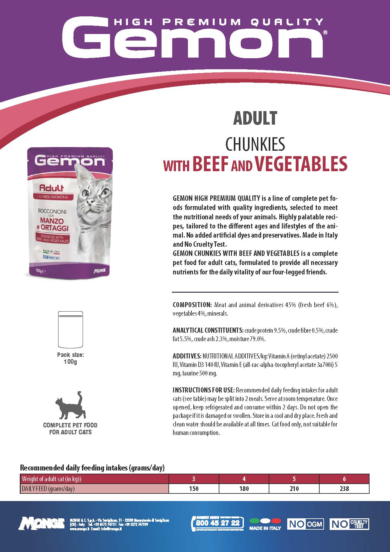 GEMON High Premium Chunks Beef&Vegetables Cat Wet Food Pouch 100g