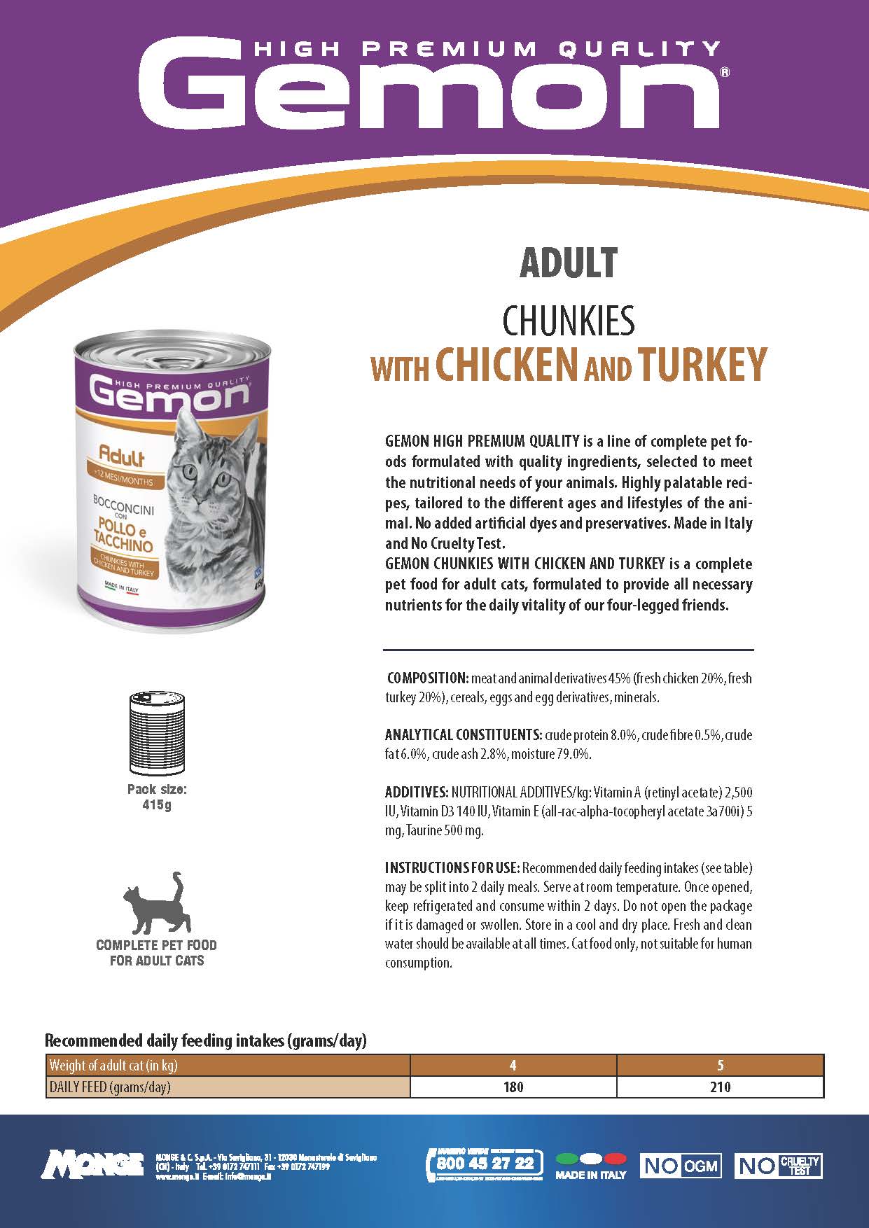 GEMON High Premium Chunks Chicken&Turkey Cat Wet Food 415g