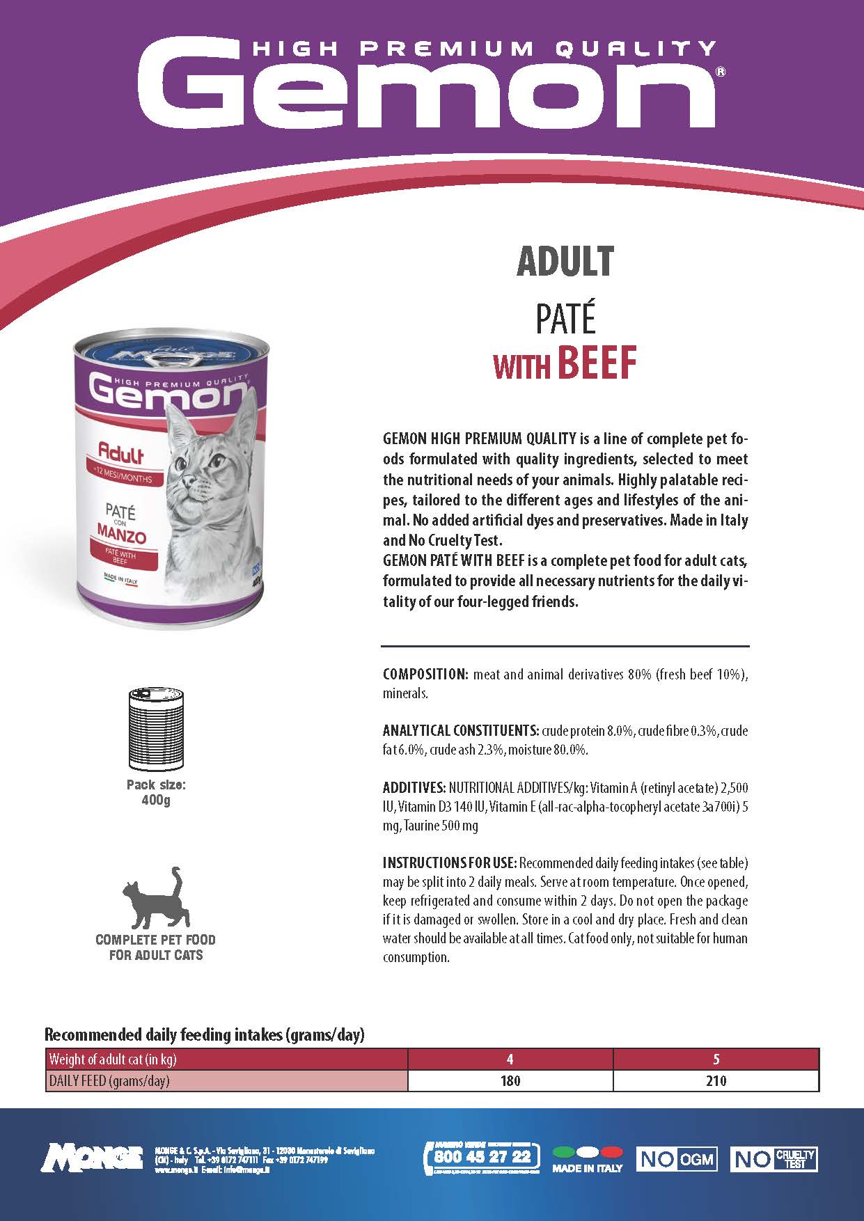 GEMON High Premium Paté Beef Cat Wet Food 400g