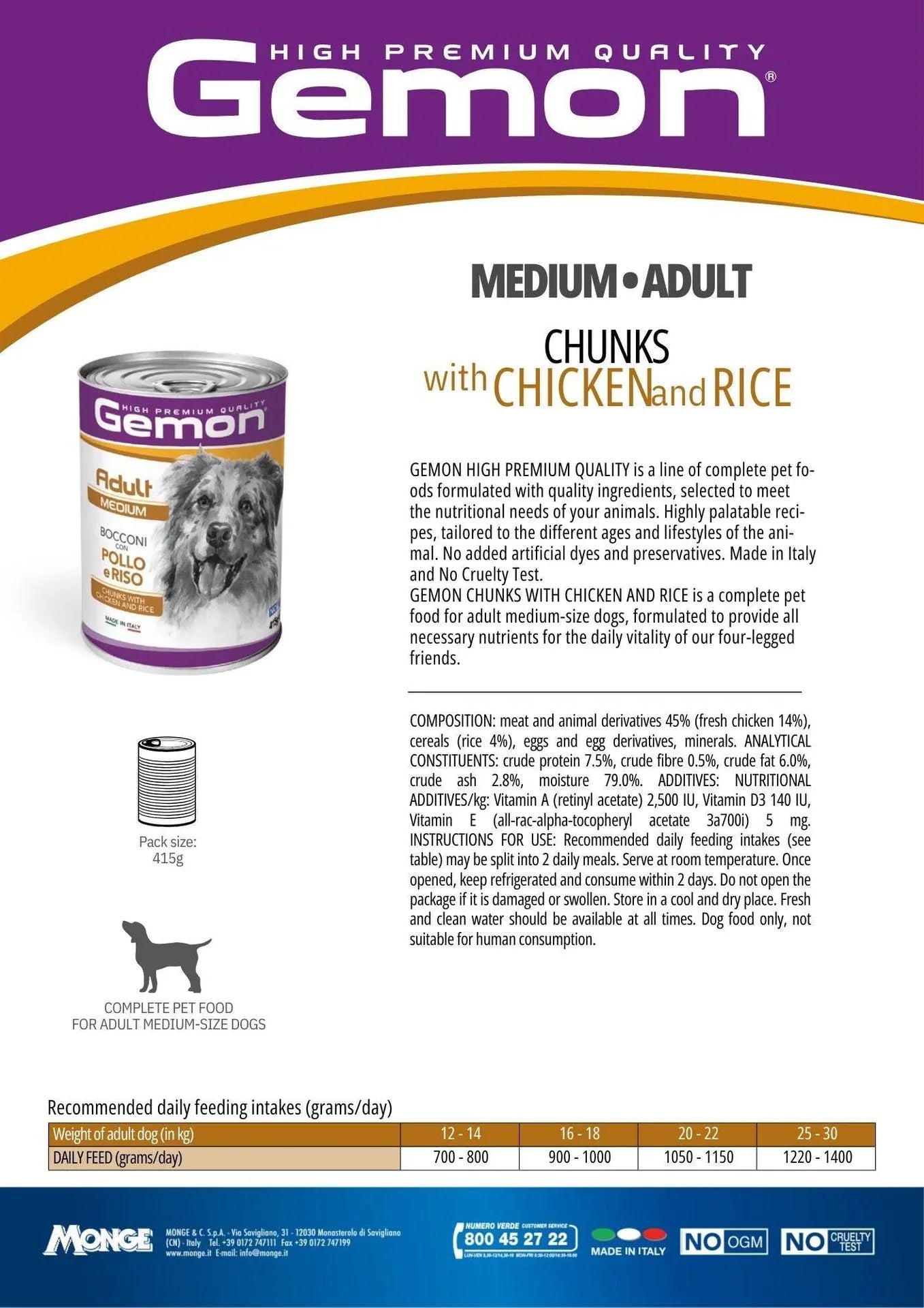 GEMON High Premium Chunks Chicken&Rice Dog Wet Food 415g - Paw & Joy