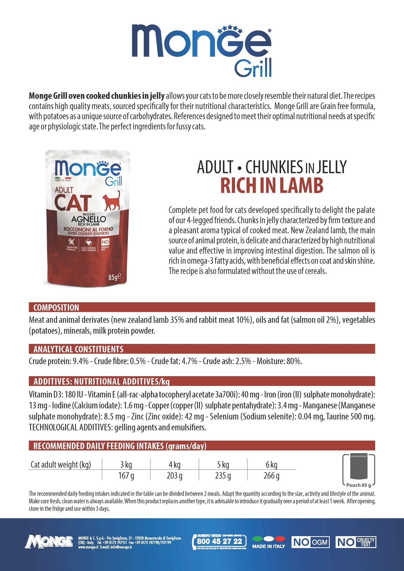 MONGE Grill Chunks Jelly Lamb Cat Wet Food Pouch 85g