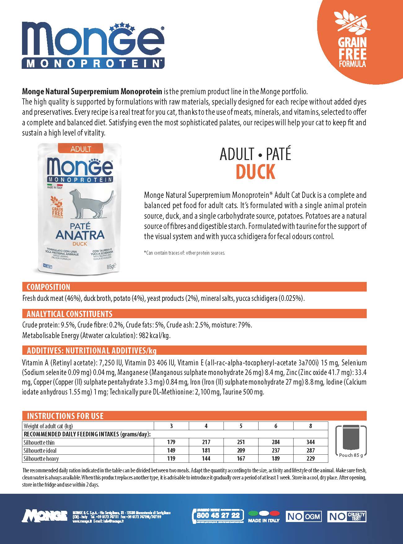 MONGE Monoprotein Paté Duck Cat Wet Food Pouch 85g