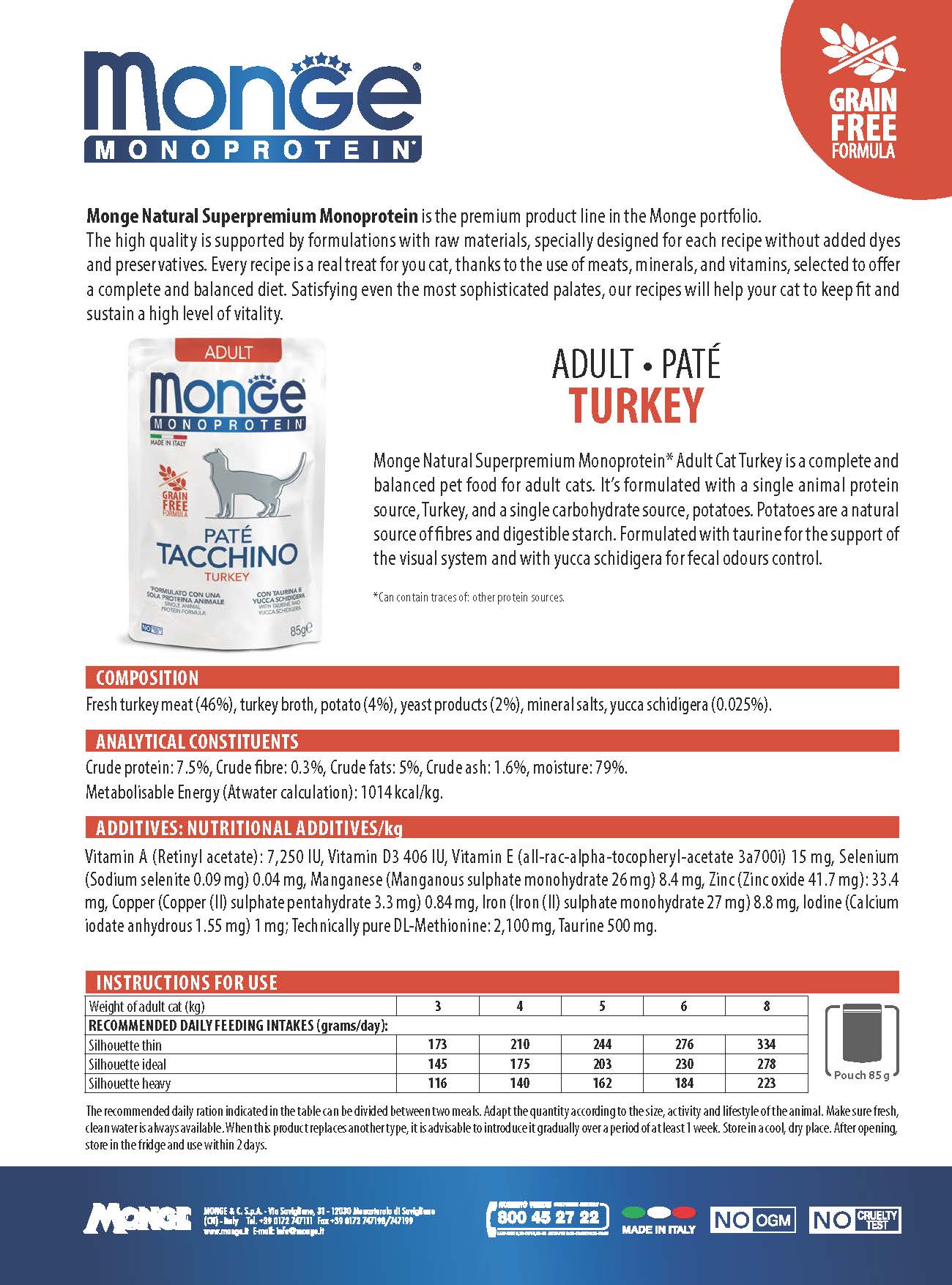 MONGE Monoprotein Paté Turkey Cat Wet Food Pouch 85g