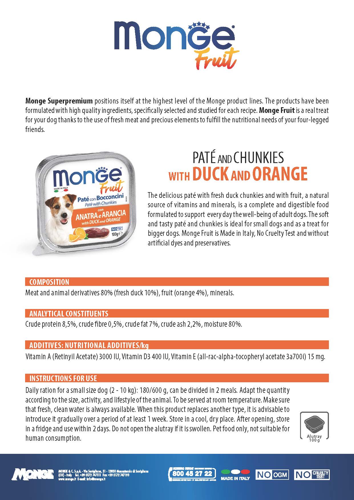 MONGE Super Premium Paté with Chunks Duck&Orange Dog Wet Food 100g