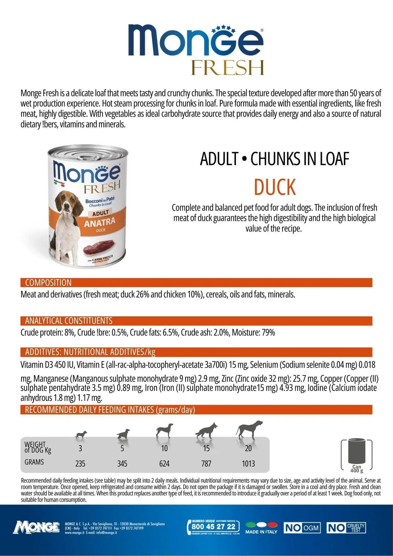 MONGE Super Premium Chunks Fresh Duck Dog Wet Food 400g - Paw & Joy
