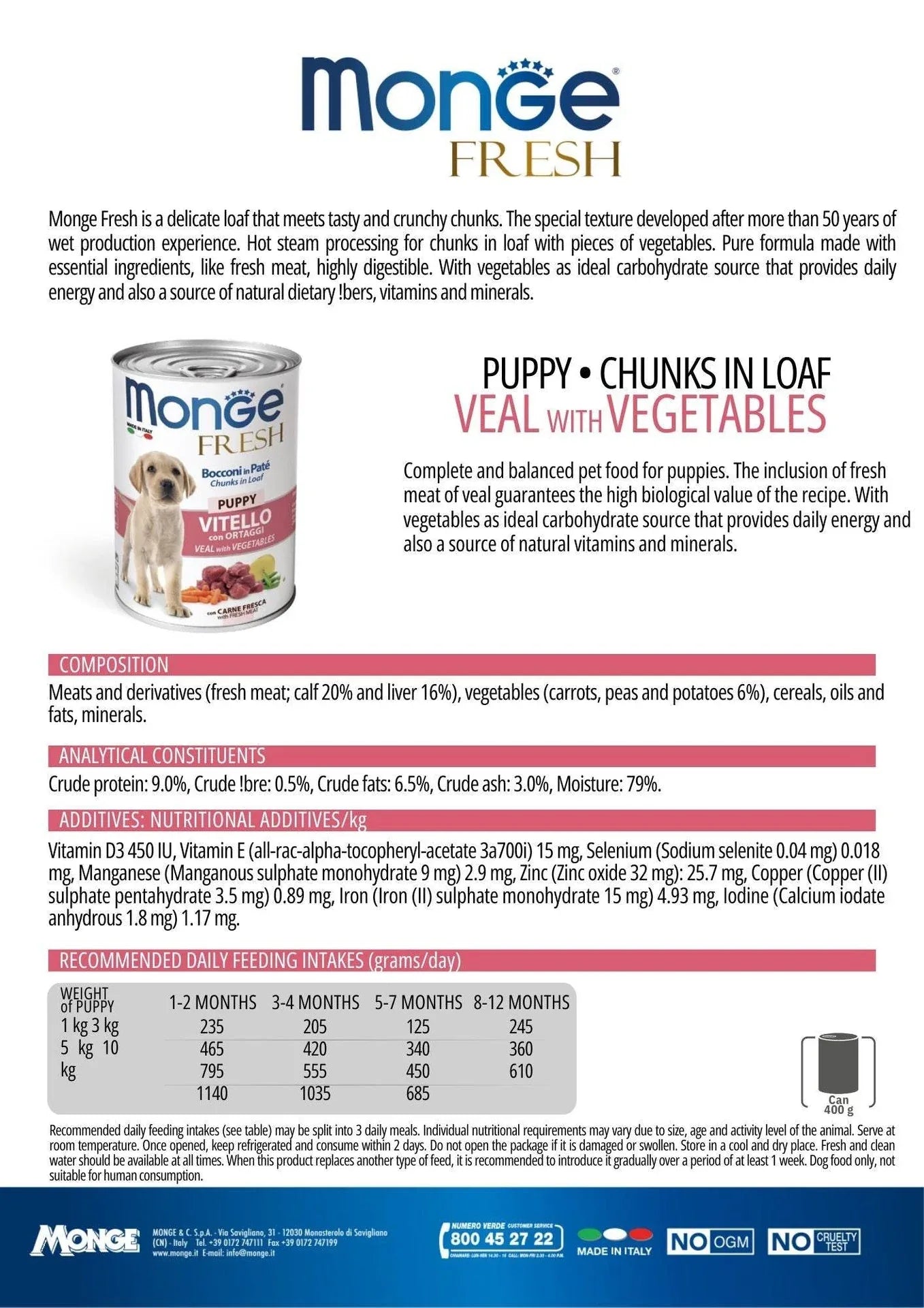 MONGE Super Premium Chunks Fresh Veal&Vegetables Puppy Dog Wet Food 400g - Paw & Joy