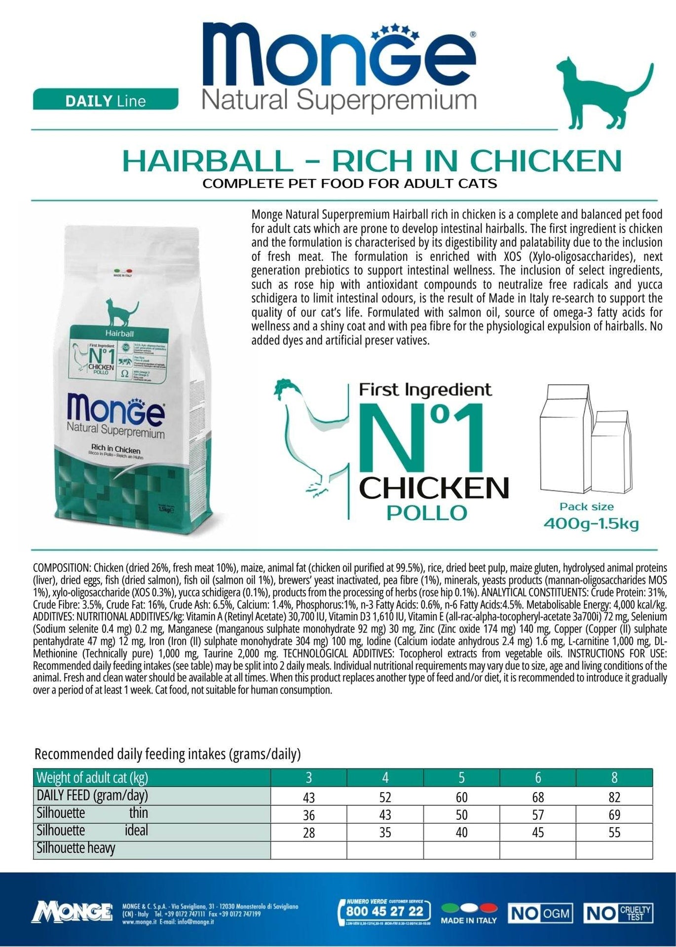 MONGE Super Premium Hairball Chicken Cat Dry Food 1.5kg