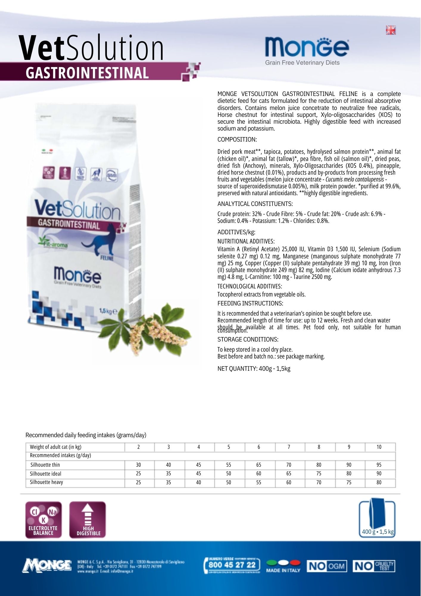 MONGE VetSolution Gastrointestinal Cat Dry Food 1.5kg