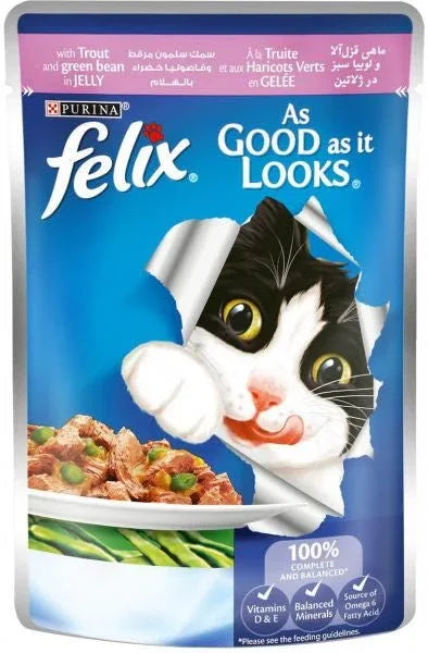 Purina Felix Trout and Green Bean in Jelly Pouch 100g - Paw & Joy
